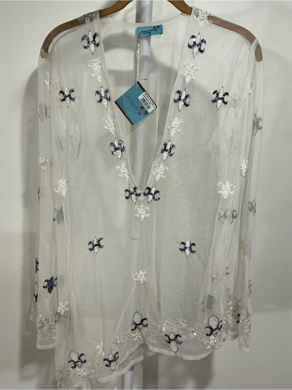 Letarte Sheer White Swim Coverup with Navy Embroidery